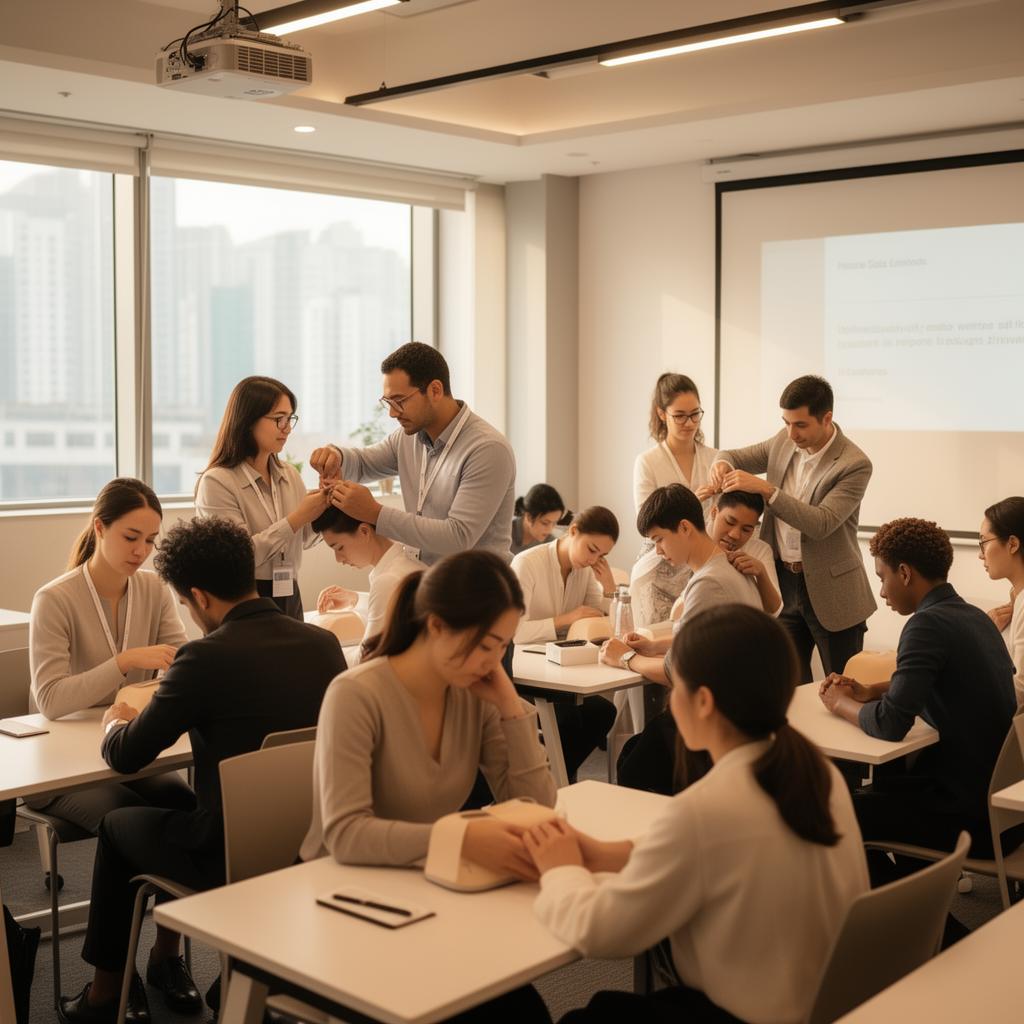 Diverse group of professionals in a hands-on wellness training workshop in Hong Kong