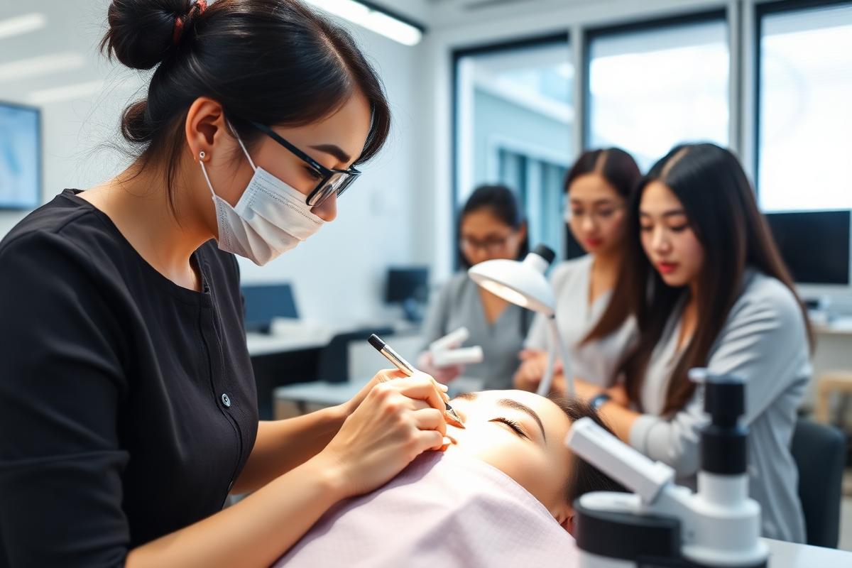 Hong Kong beauty educator teaching a microblading class to professional students