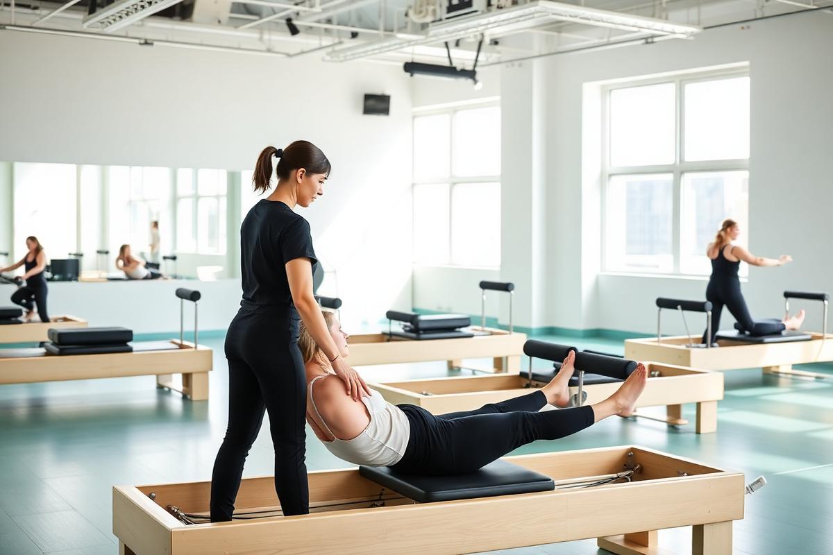 Pilates instructor training students on reformer machines at Nexu partner studio
