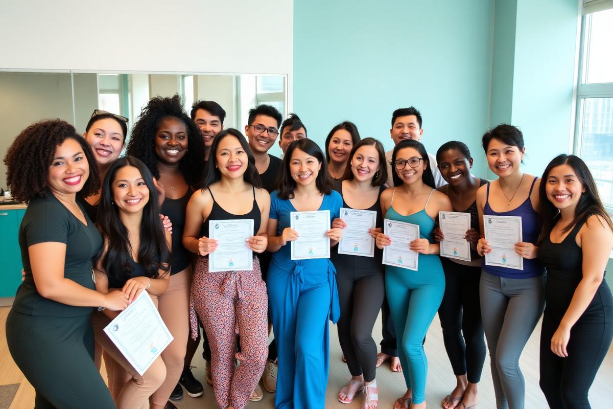 Happy group of wellness course participants celebrating with certificates