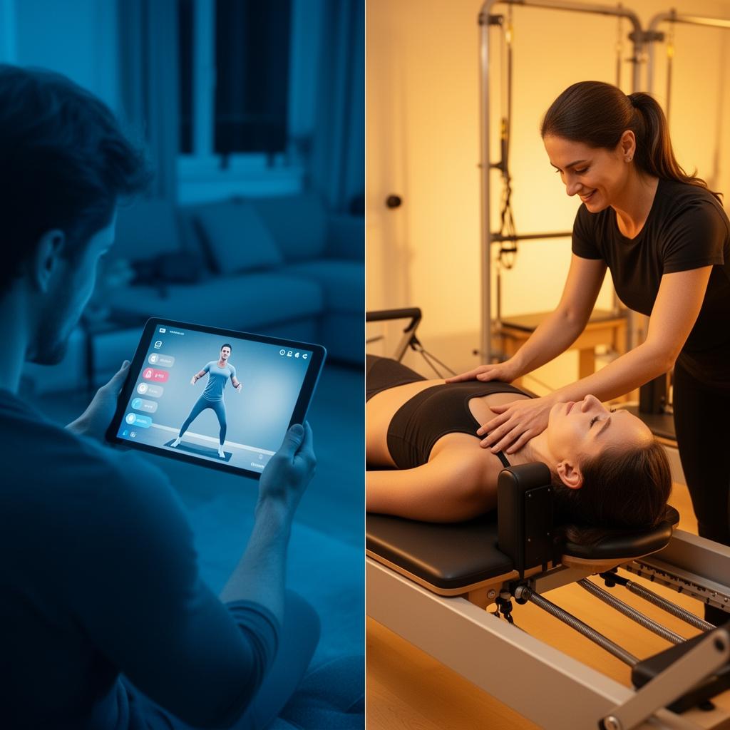 Side-by-side comparison of AI-guided workout on a screen versus hands-on Pilates instructor correction